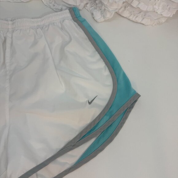 Nike Womens Dri-Fit Running Shorts M White & Aqua Mesh Trim Elastic Waist - Picture 2 of 5